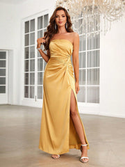 Twist Detail Split Thigh Satin Tube Bridesmaid Dress