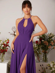 Keyhole Neckline Split Thigh Chiffon Bridesmaid Dress