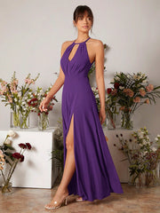 Keyhole Neckline Split Thigh Chiffon Bridesmaid Dress