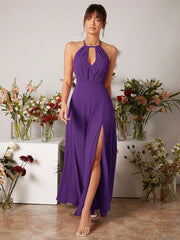 Keyhole Neckline Split Thigh Chiffon Bridesmaid Dress