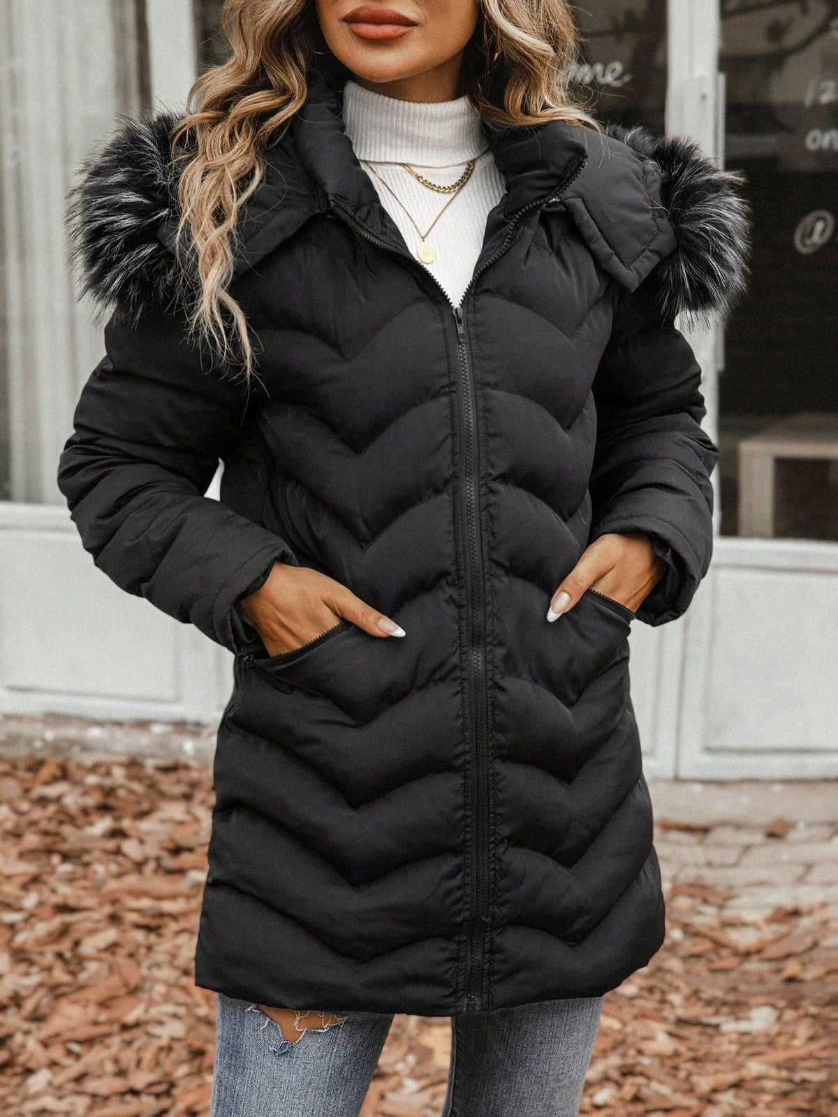 Fuzzy Trim Hooded Zipper Puffer Coat