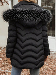 Fuzzy Trim Hooded Zipper Puffer Coat