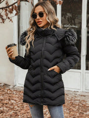 Fuzzy Trim Hooded Zipper Puffer Coat