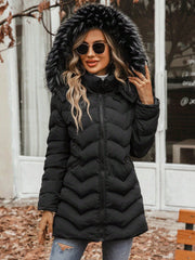 Fuzzy Trim Hooded Zipper Puffer Coat