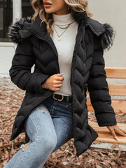 Fuzzy Trim Hooded Zipper Puffer Coat