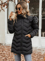 Fuzzy Trim Hooded Zipper Puffer Coat