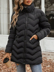 Fuzzy Trim Hooded Zipper Puffer Coat