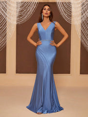 V-Neck Chain Belt Fishtail Bridesmaid Dress