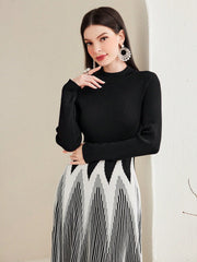 Women's Fashionable Colorblock Sweater Dress With Waistline Design