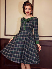 Vintage Elegant Women'S Long Sleeve Umbrella Skirt Dress With Green Plaid Print & Bowknot Detail, Autumn Winter