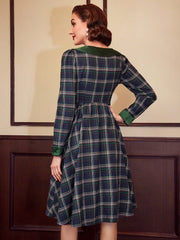 Vintage Elegant Women'S Long Sleeve Umbrella Skirt Dress With Green Plaid Print & Bowknot Detail, Autumn Winter