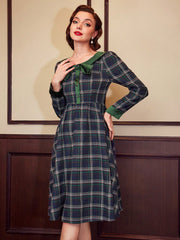 Vintage Elegant Women'S Long Sleeve Umbrella Skirt Dress With Green Plaid Print & Bowknot Detail, Autumn Winter