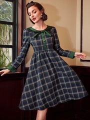 Vintage Elegant Women'S Long Sleeve Umbrella Skirt Dress With Green Plaid Print & Bowknot Detail, Autumn Winter