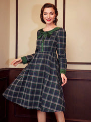 Vintage Elegant Women'S Long Sleeve Umbrella Skirt Dress With Green Plaid Print & Bowknot Detail, Autumn Winter