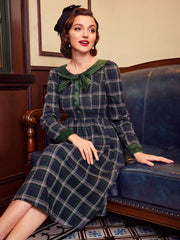 Vintage Elegant Women'S Long Sleeve Umbrella Skirt Dress With Green Plaid Print & Bowknot Detail, Autumn Winter