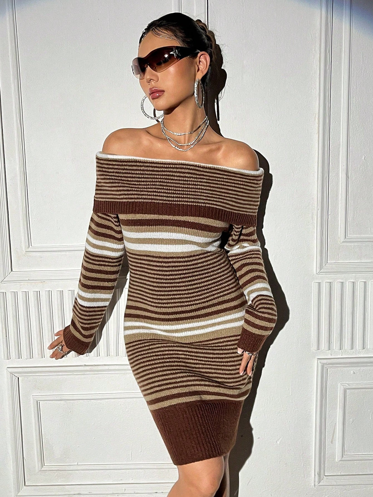 Stripe Off Shoulder Sweater Dress