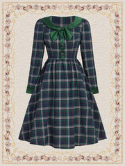 Vintage Elegant Women'S Long Sleeve Umbrella Skirt Dress With Green Plaid Print & Bowknot Detail, Autumn Winter