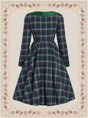 Vintage Elegant Women'S Long Sleeve Umbrella Skirt Dress With Green Plaid Print & Bowknot Detail, Autumn Winter