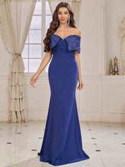 Bridesmaid Dress With Three-Dimensional Flower Decoration, Mermaid Hem And Off-Shoulder Design