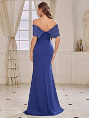 Bridesmaid Dress With Three-Dimensional Flower Decoration, Mermaid Hem And Off-Shoulder Design