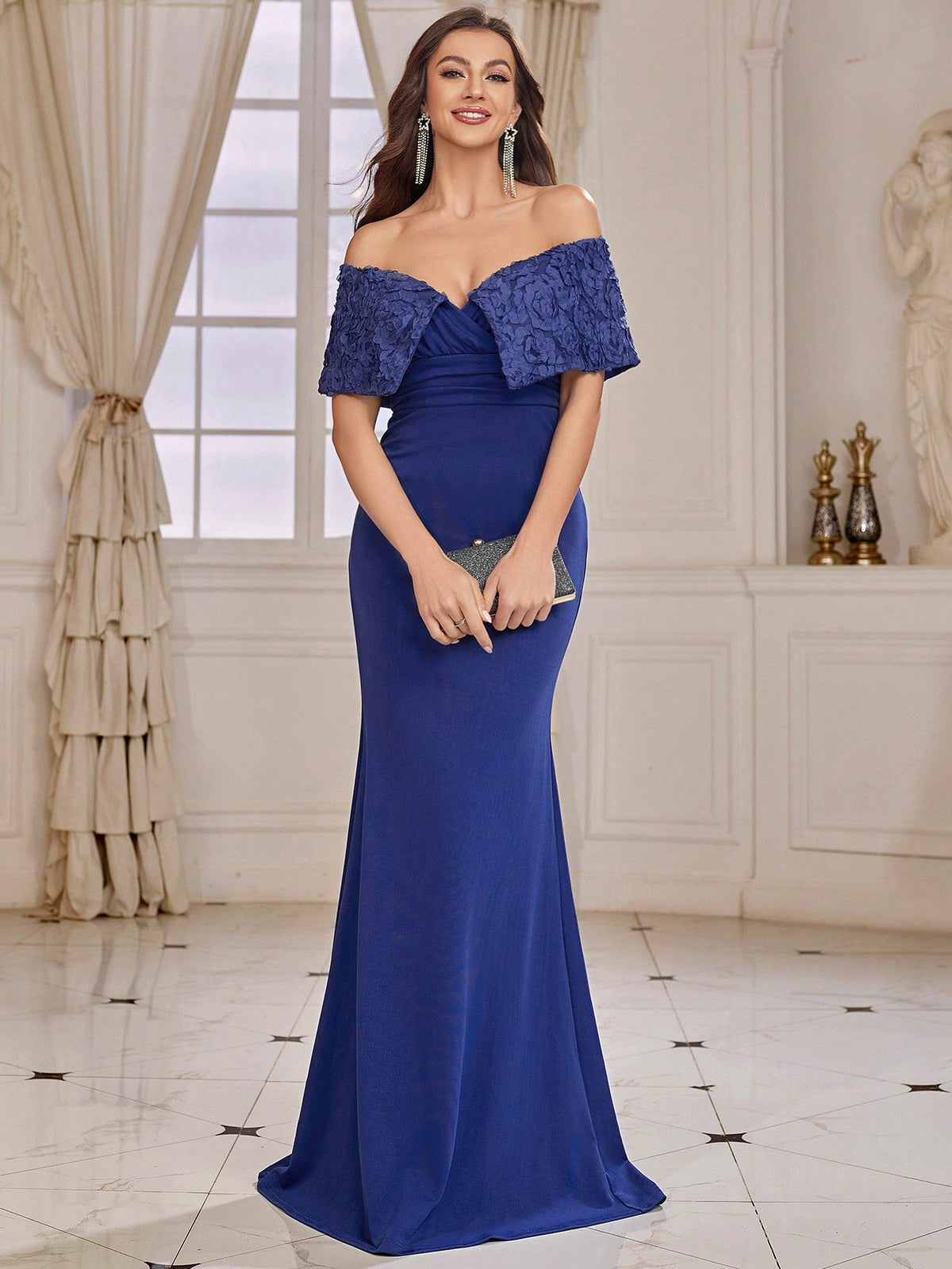 Bridesmaid Dress With Three-Dimensional Flower Decoration, Mermaid Hem And Off-Shoulder Design