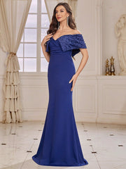 Bridesmaid Dress With Three-Dimensional Flower Decoration, Mermaid Hem And Off-Shoulder Design