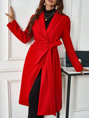 Shawl Collar Knotted Wrinkled Long Woolen Coat