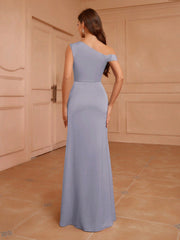 Bridesmaid Asymmetrical Dress With Beaded Neckline, Puff Sleeves, Pleated Hem And Slit