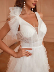 Deep V-Neck Mesh Wedding Dress With Asymmetrical Hem