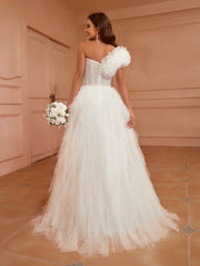 Mermaid Style One-Shoulder Wedding Dress With 3d Flower And Ruffle Hem