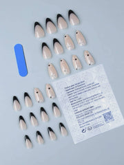 24pcs Almond-Shaped, White, Glossy, French-Tipped, Floral Design