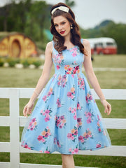 Women'S Floral Printed Countryside Vacation Dress, Spring/Summer, With Fitted Bodice, Ruffle Mesh And Umbrella Dress Easter Women Dress Vintage Dress