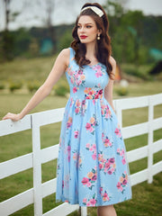 Women'S Floral Printed Countryside Vacation Dress, Spring/Summer, With Fitted Bodice, Ruffle Mesh And Umbrella Dress Easter Women Dress Vintage Dress