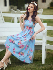 Women'S Floral Printed Countryside Vacation Dress, Spring/Summer, With Fitted Bodice, Ruffle Mesh And Umbrella Dress Easter Women Dress Vintage Dress