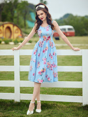 Women'S Floral Printed Countryside Vacation Dress, Spring/Summer, With Fitted Bodice, Ruffle Mesh And Umbrella Dress Easter Women Dress Vintage Dress