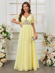 Elegant, Feminine And Romantic Woman, Elegant Chiffon, Sweetheart Neckline, Lotus Leaf Sleeves, Waist Stitching, Lace Waist Gathered Pleats, Volumetric Umbrella Hem, Light Yellow Spring Wedding Season Easter Ball Bridesmaid Dress