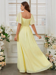 Elegant, Feminine And Romantic Woman, Elegant Chiffon, Sweetheart Neckline, Lotus Leaf Sleeves, Waist Stitching, Lace Waist Gathered Pleats, Volumetric Umbrella Hem, Light Yellow Spring Wedding Season Easter Ball Bridesmaid Dress