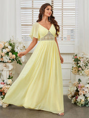 Elegant, Feminine And Romantic Woman, Elegant Chiffon, Sweetheart Neckline, Lotus Leaf Sleeves, Waist Stitching, Lace Waist Gathered Pleats, Volumetric Umbrella Hem, Light Yellow Spring Wedding Season Easter Ball Bridesmaid Dress