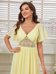 Elegant, Feminine And Romantic Woman, Elegant Chiffon, Sweetheart Neckline, Lotus Leaf Sleeves, Waist Stitching, Lace Waist Gathered Pleats, Volumetric Umbrella Hem, Light Yellow Spring Wedding Season Easter Ball Bridesmaid Dress