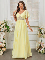 Elegant, Feminine And Romantic Woman, Elegant Chiffon, Sweetheart Neckline, Lotus Leaf Sleeves, Waist Stitching, Lace Waist Gathered Pleats, Volumetric Umbrella Hem, Light Yellow Spring Wedding Season Easter Ball Bridesmaid Dress