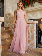 Elegant Pink Slant Shoulder Neckline Cubic Flower Decoration Side Flutter Piece Trimming Arm Flutter Hem Easter Wedding Event Graduation Party Bridesmaid Dresses