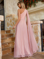 Elegant Pink Slant Shoulder Neckline Cubic Flower Decoration Side Flutter Piece Trimming Arm Flutter Hem Easter Wedding Event Graduation Party Bridesmaid Dresses