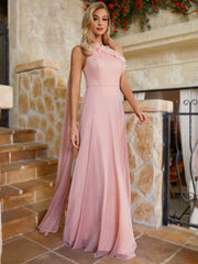 Elegant Pink Slant Shoulder Neckline Cubic Flower Decoration Side Flutter Piece Trimming Arm Flutter Hem Easter Wedding Event Graduation Party Bridesmaid Dresses