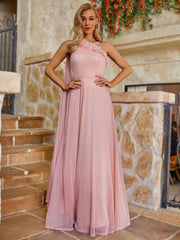 Elegant Pink Slant Shoulder Neckline Cubic Flower Decoration Side Flutter Piece Trimming Arm Flutter Hem Easter Wedding Event Graduation Party Bridesmaid Dresses