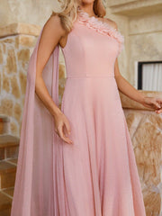 Elegant Pink Slant Shoulder Neckline Cubic Flower Decoration Side Flutter Piece Trimming Arm Flutter Hem Easter Wedding Event Graduation Party Bridesmaid Dresses
