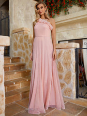 Elegant Pink Slant Shoulder Neckline Cubic Flower Decoration Side Flutter Piece Trimming Arm Flutter Hem Easter Wedding Event Graduation Party Bridesmaid Dresses
