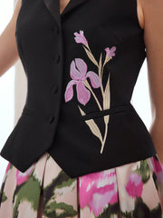 WOVEN WOMEN'S JACKET WITH FLORAL EMBROIDERY AND PEAK COLLAR