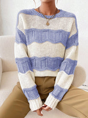 Ladies' Color Block Round Neck Sweater With Long Sleeve, Spring Commute