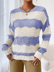 Ladies' Color Block Round Neck Sweater With Long Sleeve, Spring Commute