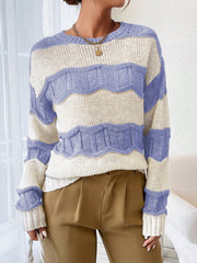 Ladies' Color Block Round Neck Sweater With Long Sleeve, Spring Commute